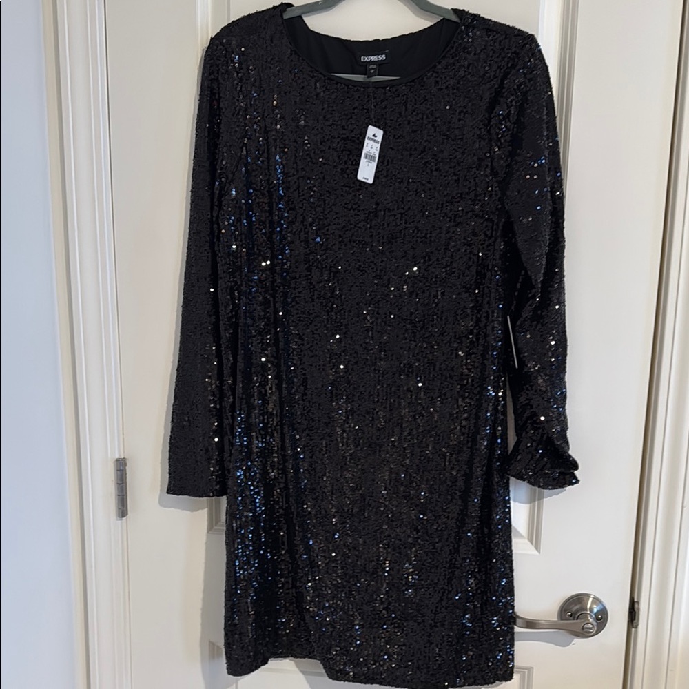 Express Black Sequin Long Sleeve Sheath Dress NWT